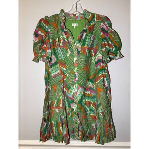 TCEC Mini Dress Womens Medium Green Multicolor Abstract Tiered Puff Sleeve